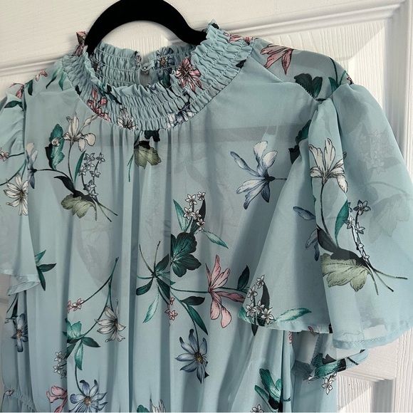 Size 1X Torrid Mini Chiffon Blue Floral High Neck Smocked Dress - Picture 8 of 9